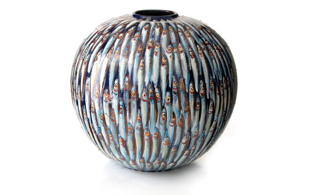 Handmade ceramic vase with painted sardine design