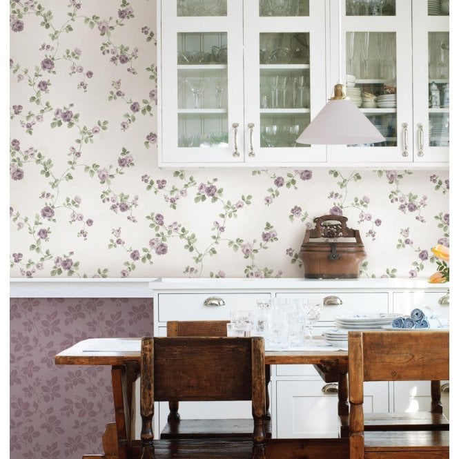 Cottage kitchen, with flower patterned wallpaper