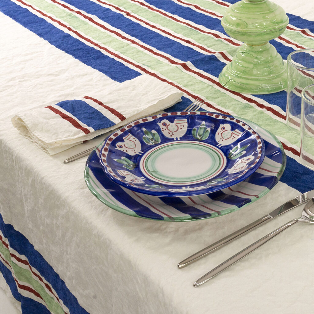 hand-painted linen tablecloth with blue and green stripes