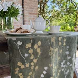 Italian luxury table runner in dark green with gold and silver floral motif
