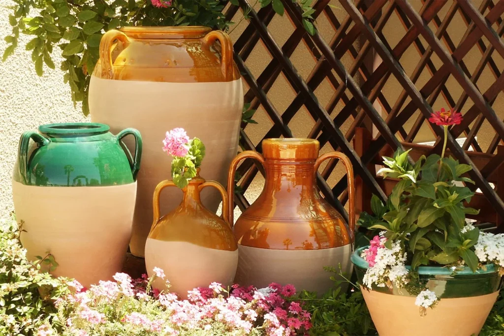 Terracotta vases, pots and jugs from leave