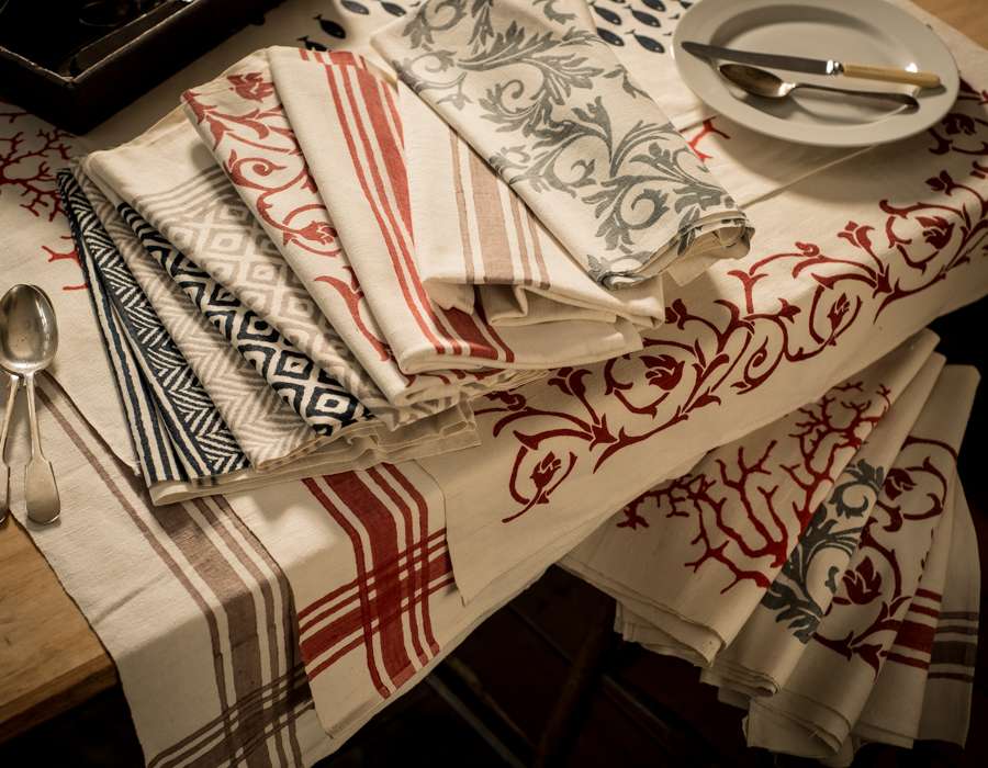 Hand-printed vintage hemp linens laid on a table