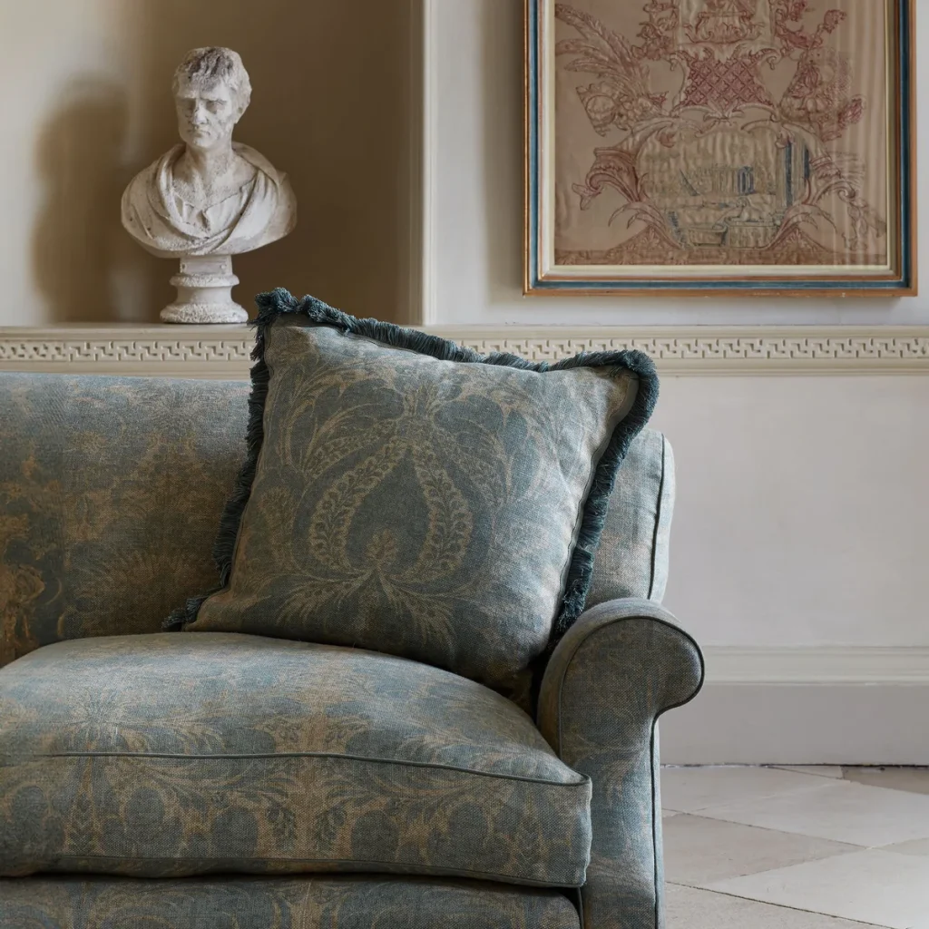 Sofa and cushions in damask pattern