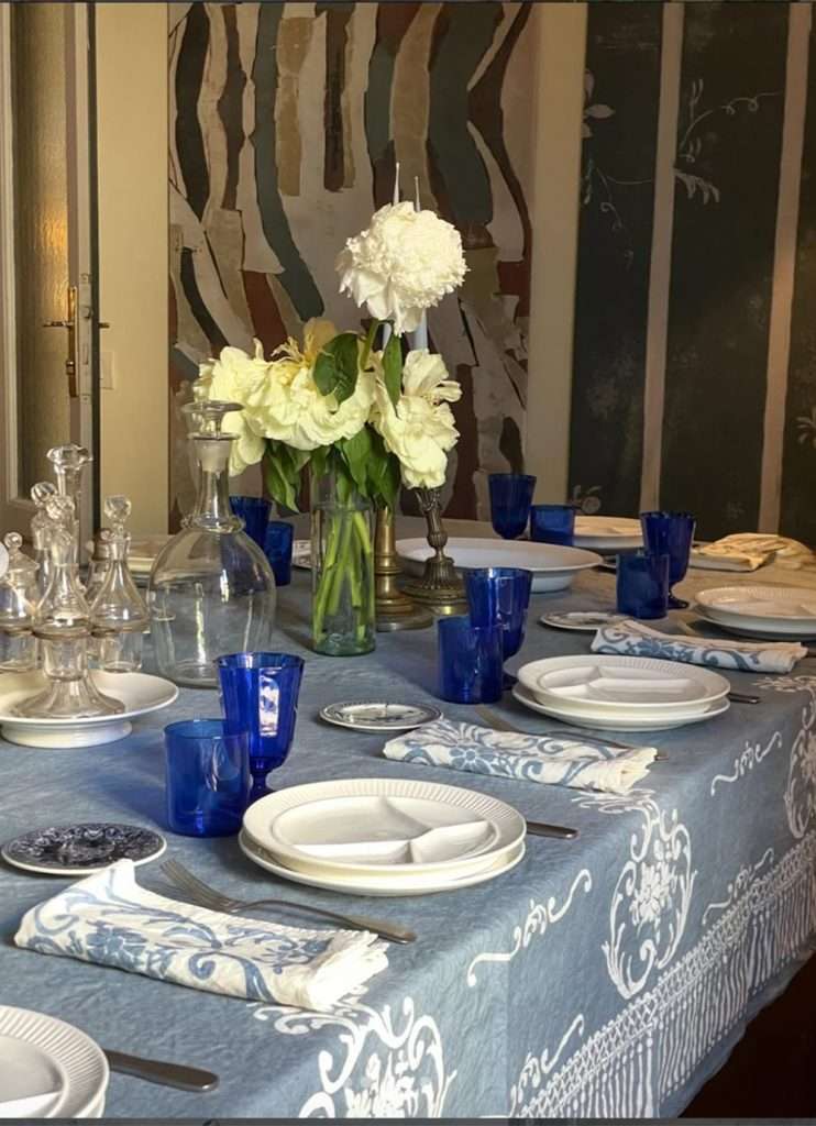classic hand-printed-linen tablecloth with standard drop