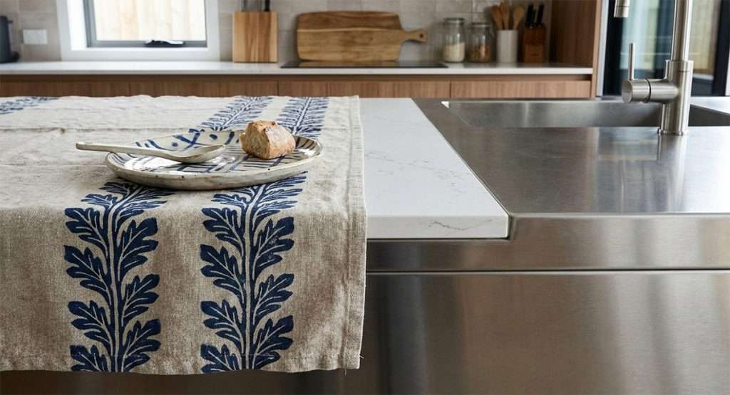 A hand-stamped geometric linen tablecloth paired with a hand-painted ceramic plate, positioned next to a non-porous polished quartz countertop and a stainless steel kitchen island.