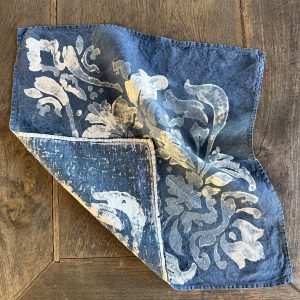 Wood block-printed blue dams linen napkin