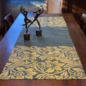 Melograno Teal Green and Gold Hand-Painted Linen Table Runner