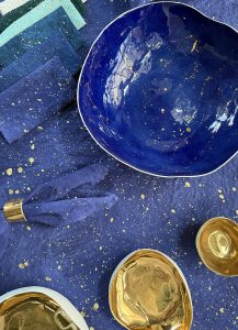 gold splattered linen tablecloth